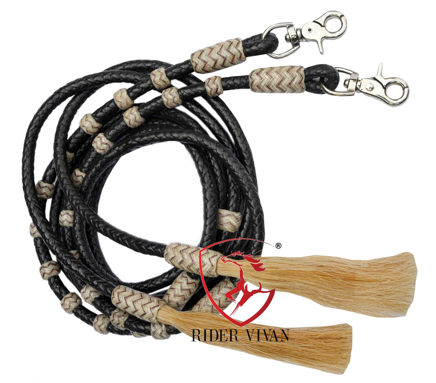 Split Reins Soft Leather, Dark Chocolate Brown & Natural Knot Split Reins, 8 Plaits Split Reins With Snaps and Tassels.
