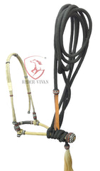5/8" Western Bosal Set, 40 Plaits  Rawhide Natural & Black Knot Bosal Set, Bosal Set With Black Nylon Mecate Reins, High-Quality Bosal Set.