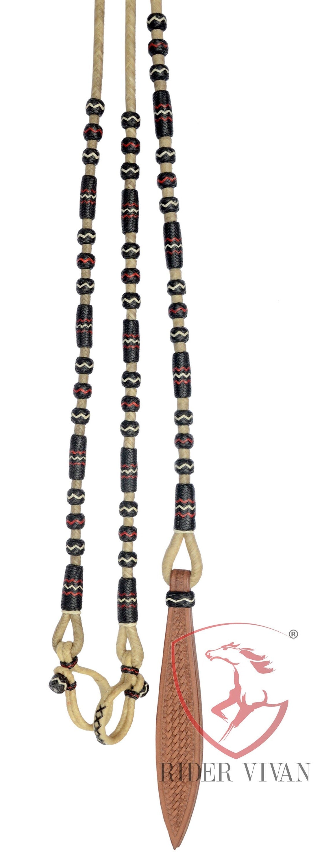 Romel Reins 20 plait With Rawhide Headstall, Regular 55" Rawhide Romal Reins, Natural & Black Rawhide Romal Reins With Headstall.