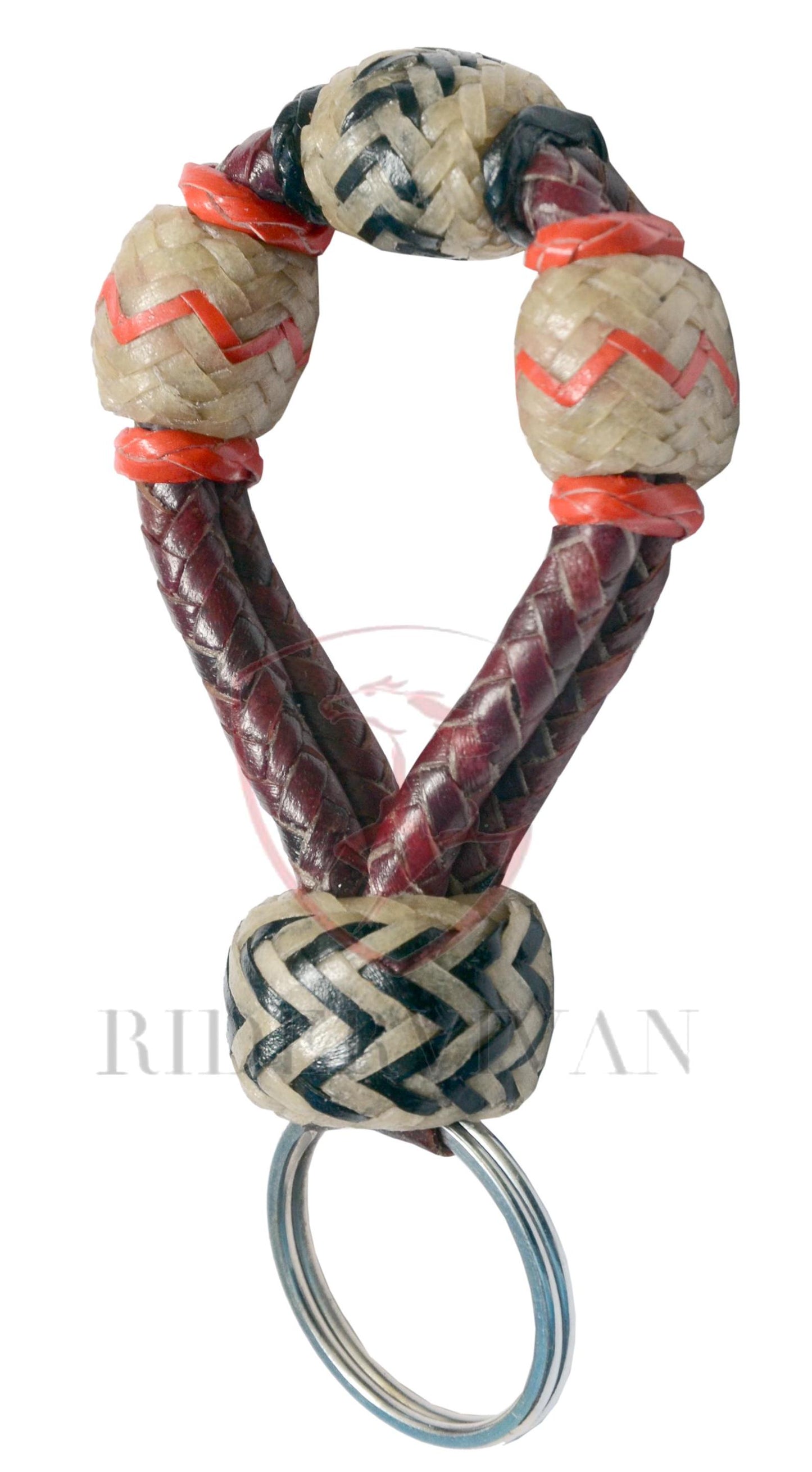 Designer Handmade Braided KeyRing Natural Rawhide & Cherry Red Pattern
