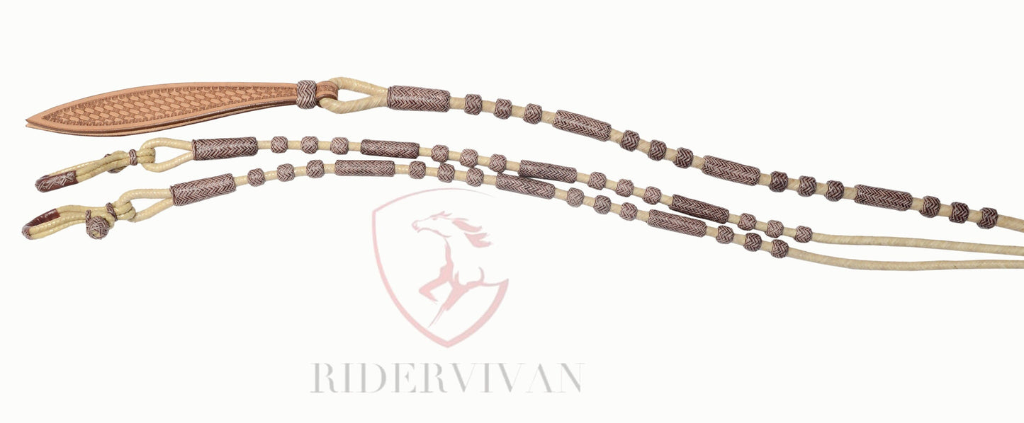 Romel Reins 20 plait With Rawhide Headstall Set, Regular 55" Rawhide Romal Reins, Chestnut Cherry Rawhide Romal Reins With Headstall Set.