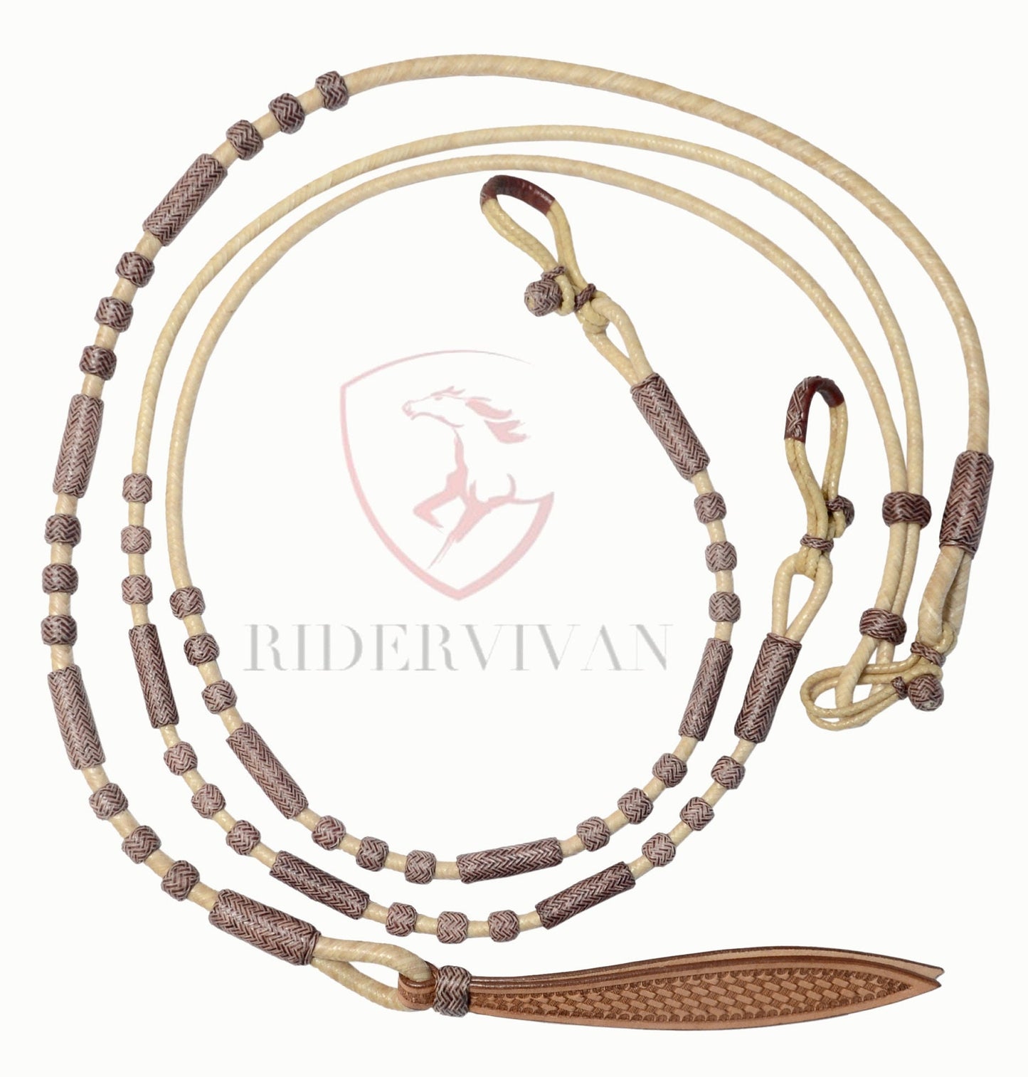 Romel Reins 20 plait With Rawhide Headstall Set, Regular 55" Rawhide Romal Reins, Chestnut Cherry Rawhide Romal Reins With Headstall Set.