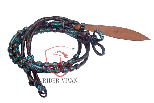 10 Plaits Soft Cow Leather Black Rommel Romal Reins, Romal Reins Regular 55" With Reins Connectors, Hand-Crafted Braided Quality Reins.