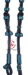 Black Rawhide Romal Reins With Two Ear Headstall, 20 Plaits Romel Reins, Romal Reins 55" With Two Ear Headstall, Hand-Braided Headstall.