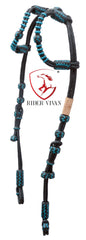 Hand-crafted Two-Ear Headstall, Black Rawhide Braided Headstall, Horse Headstall with Black Knot.