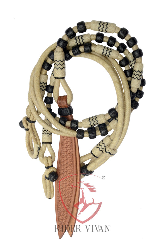 Handmade Romal Reins Natural & Black, 20 Plaits Romal Reins, 55" Romal Reins With Rein Connectors, Hand-Braided Romel Reins, Romel Reins.