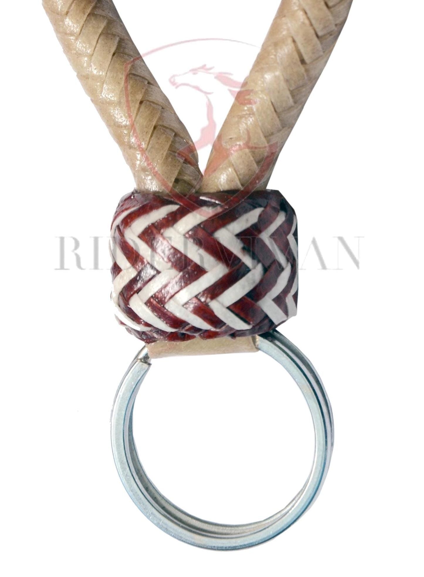 Designer Handmade Braided KeyChain, Natural Rawhide & Cherry Red Pattern keyChain.