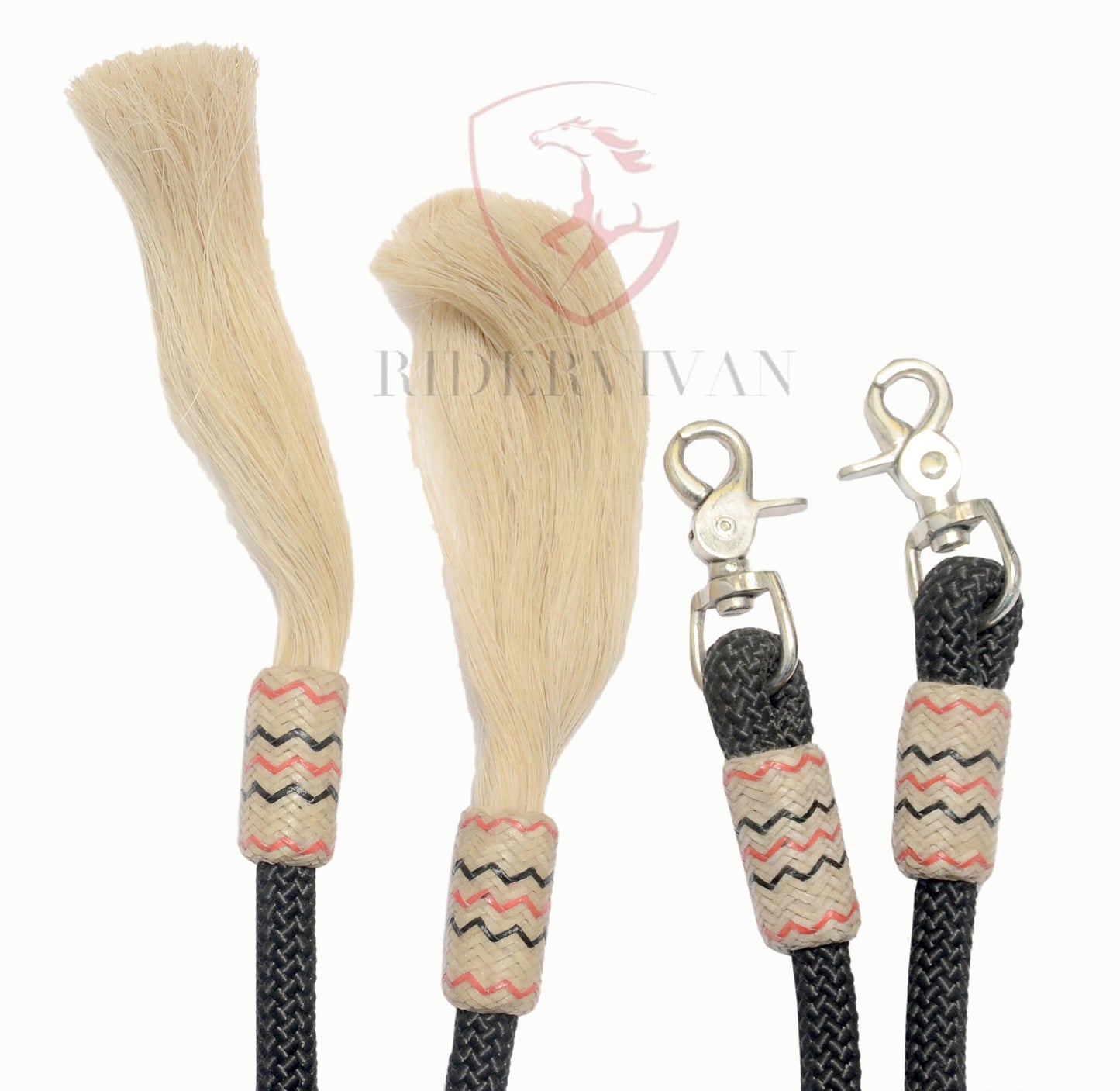 Nylon Split Reins With Knot, Black Polyester Split Reins with Snaps, Split Reins With Horse Hair Tassels.
