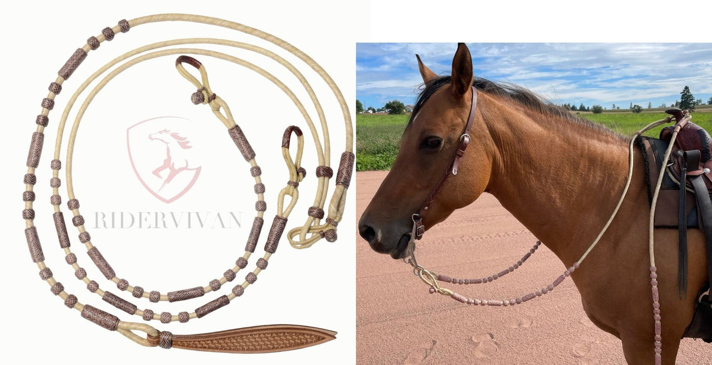 20 Plaits Romal Reins, 55" Romal Reins, Hand-Braided Romel Reins, Romel Reins Natural & Chestnut Cherry Rawhide,