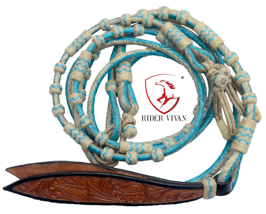 20 Plaits Romal Reins, Romal Reins Natural and turquoise Rawhide, 55" With Reins Connectors, Specially Hand-Crafted Braided Reins.