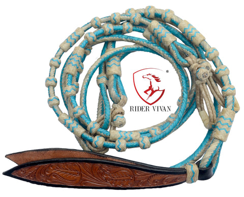 20 Plaits Romal Reins, Romal Reins Natural and turquoise Rawhide, 55" With Reins Connectors, Specially Hand-Crafted Braided Reins.