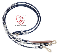 New Hand Braided Black & Natural Rawhide Rommel Reins, Show Romel Romal Reins Horsetack Black.