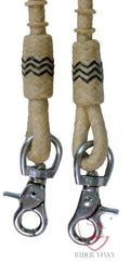 16 Plait Split Reins, Split Reins Natural Rawhide & Dark Brown Weaving, Split Reins With Snaps and Tassels.