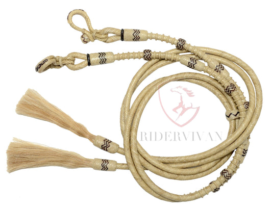 Horse Split Reins, Split Reins Natural Rawhide & Dark Brown Weaving, Split Reins With Horse Hair Tassels, Hand Braided Split Reins.
