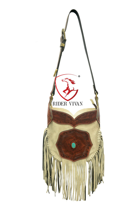 Western Tooled Bag, Crossbody Dull White Rough Out Cow Leather with Fringe and Turquoise Stone Bag