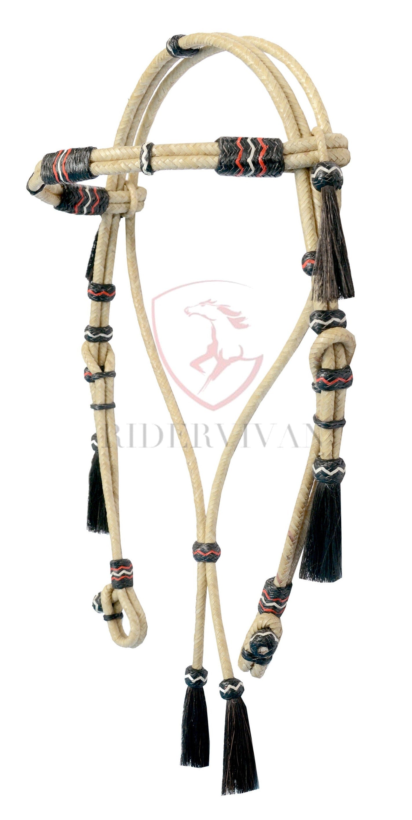Romel Reins 20 plait With Rawhide Headstall, Regular 55" Rawhide Romal Reins, Natural & Black Rawhide Romal Reins With Headstall.