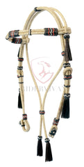 Romel Reins 20 plait With Rawhide Headstall, Regular 55" Rawhide Romal Reins, Natural & Black Rawhide Romal Reins With Headstall.