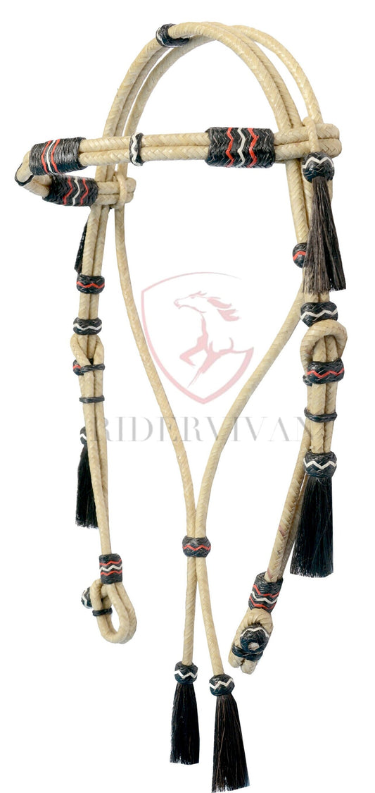 Hand-Crafted Headstall, Natural Rawhide Headstall, Black Knotted 16 Plaits Headstall, Mane Horse Hair Tassels Headstall.
