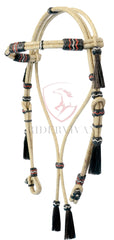 Hand-Crafted Headstall, Natural Rawhide Headstall, Black Knotted 16 Plaits Headstall, Mane Horse Hair Tassels Headstall.